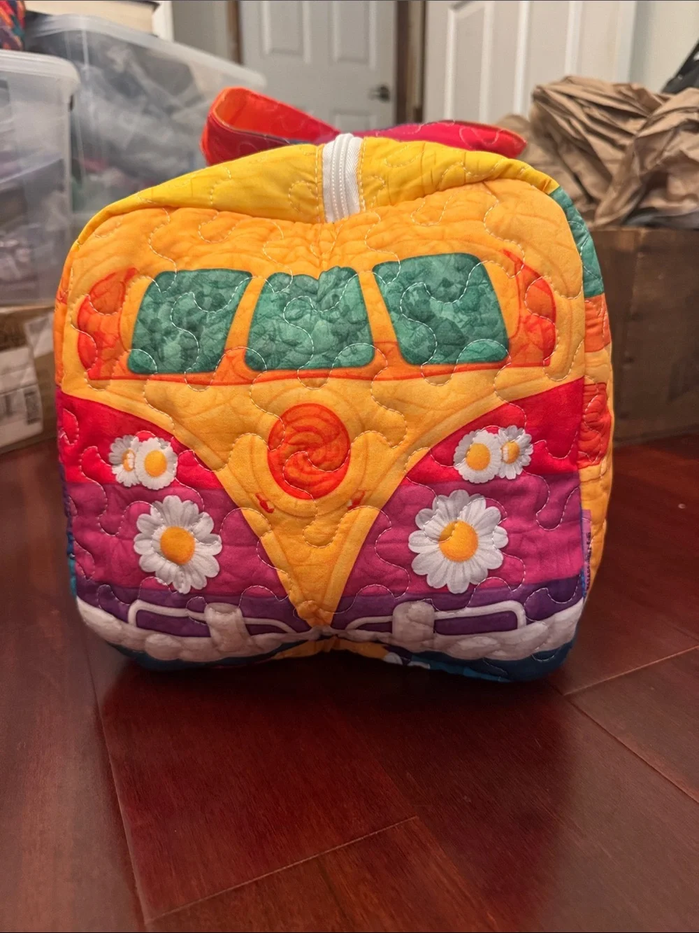 Colorful Rainbow Quilted Duffel with Peace Sign & Daisies